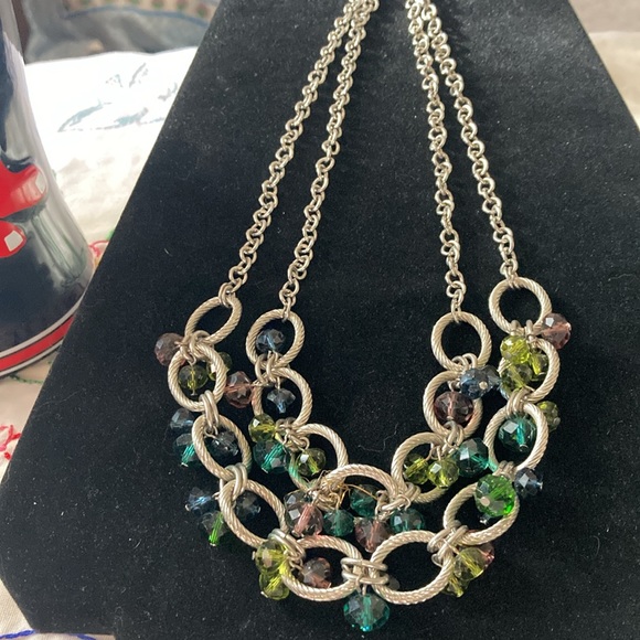 Silvertone double strand collar necklace with faceted rhinestones caged. - Picture 4 of 5